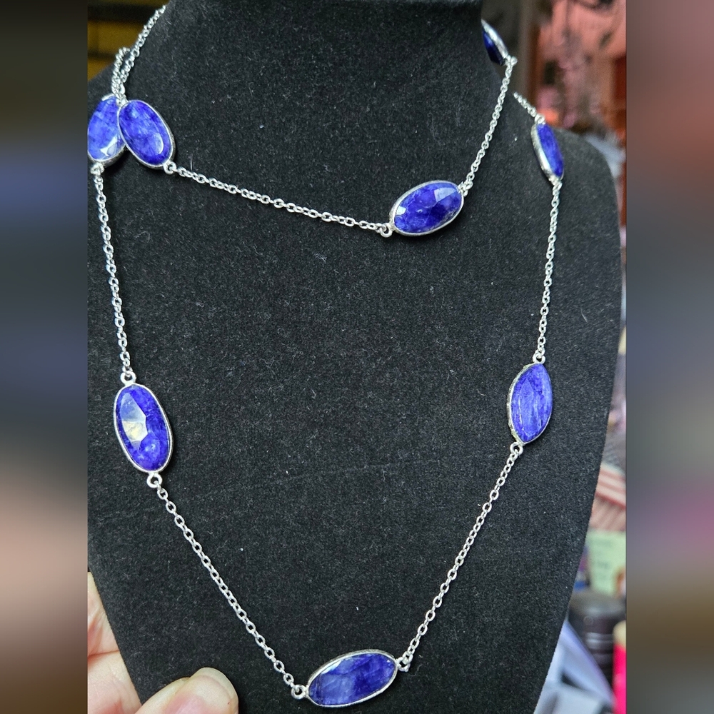 Lapis lazule natural crystal gemstone sterling station necklace 16"/33" - Picture 5 of 9